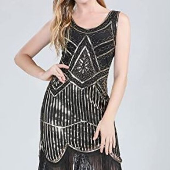1920s V Neck Sequin Beaded Fringed Dress with 20s Accessories Set - Picture 5 of 7